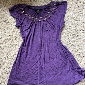 Cable & Gauge Purple Top extra long blouse shirt with Decorative Neckline purple